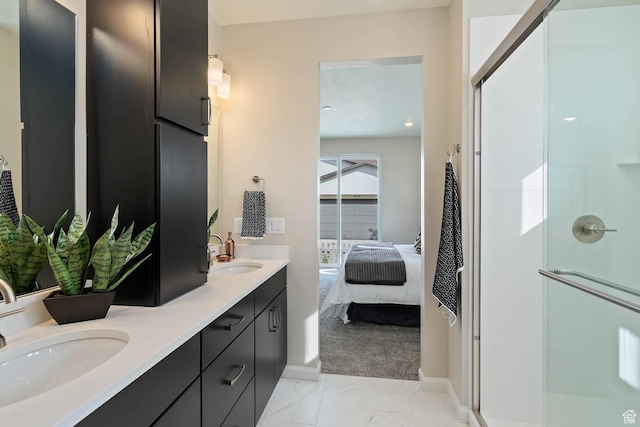 6181 W Franciscotti Dr Unit 521, South Jordan, UT 84009 - ensuite bathroom featuring double vanity, a shower stall, and marble look tiles