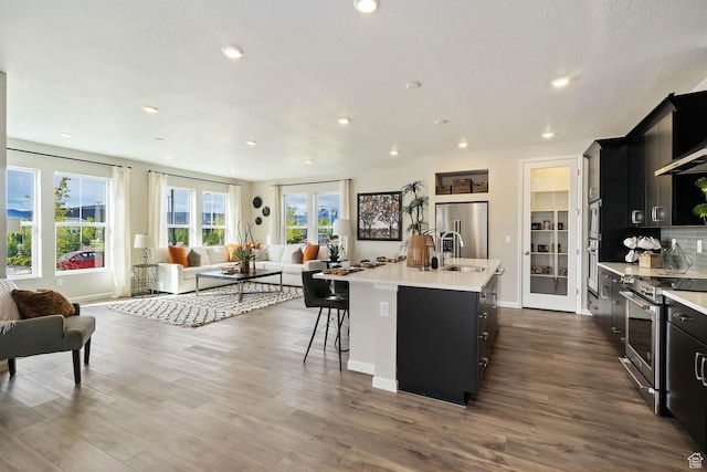 6181 W Franciscotti Dr Unit 521, South Jordan, UT 84009 - kitchen with appliances with stainless steel finishes, open floor plan, dark cabinetry, light countertops, and recessed lighting