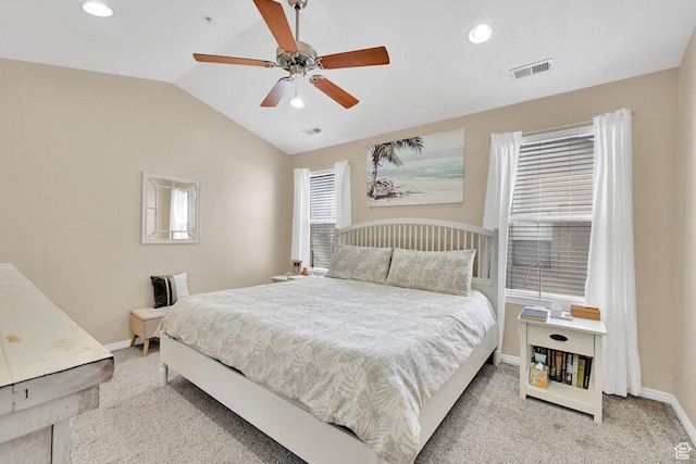 861 E Red Sage Ln, Murray, UT 84107 - bedroom with light colored carpet, vaulted ceiling, recessed lighting, and a ceiling fan