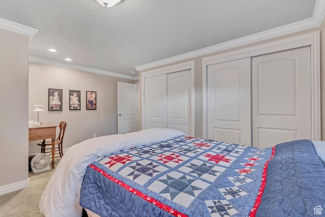 10768 N Fiddlesticks Lot 30, Cedar Hills, UT 84062 - bedroom with two closets, ornamental molding, light carpet, and recessed lighting