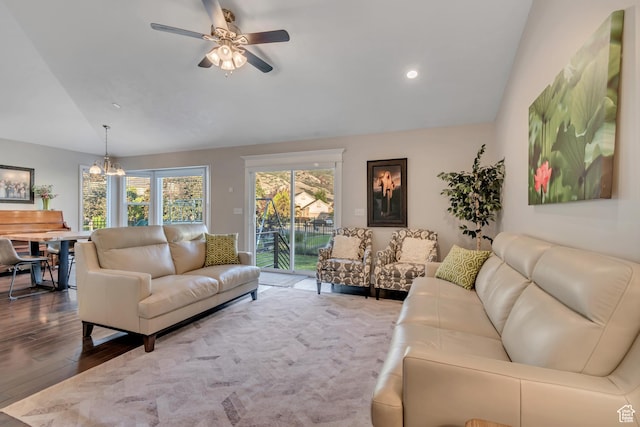 10768 N Fiddlesticks Lot 30, Cedar Hills, UT 84062 - living room featuring vaulted ceiling, a chandelier, plenty of natural light, ceiling fan, and wood finished floors