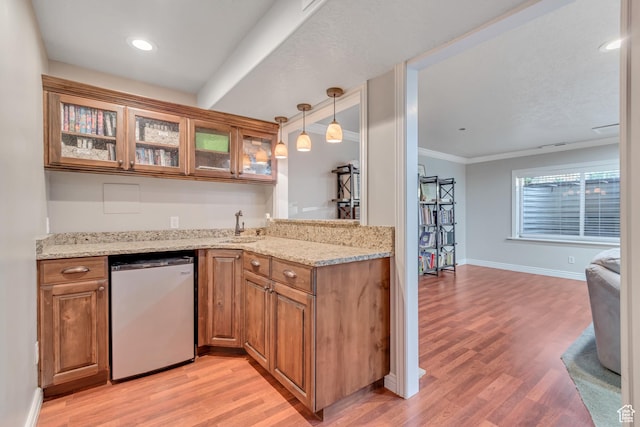 10768 N Fiddlesticks Lot 30, Cedar Hills, UT 84062 - kitchen with dishwasher, glass insert cabinets, light wood finished floors, brown cabinetry, and ornamental molding