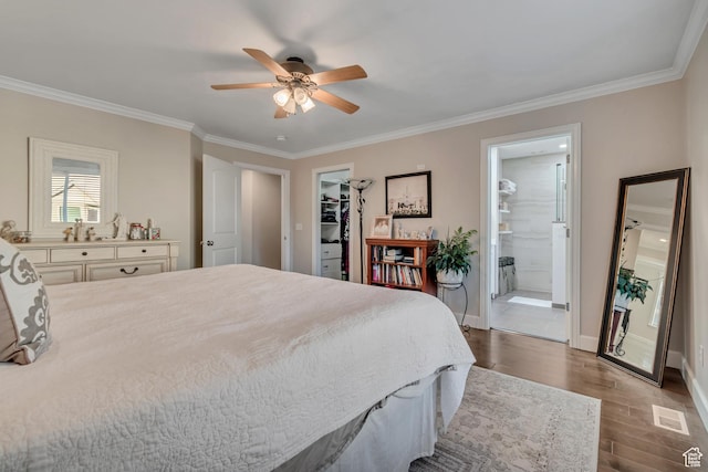 10768 N Fiddlesticks Lot 30, Cedar Hills, UT 84062 - bedroom featuring wood finished floors, crown molding, a walk in closet, ensuite bathroom, and a ceiling fan