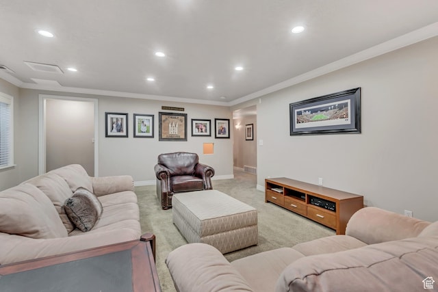 10768 N Fiddlesticks Lot 30, Cedar Hills, UT 84062 - living room featuring recessed lighting, ornamental molding, light colored carpet, and attic access