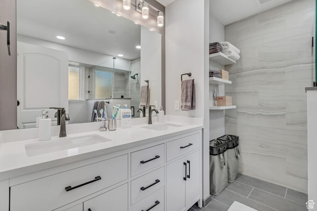 10768 N Fiddlesticks Lot 30, Cedar Hills, UT 84062 - bathroom with double vanity, a shower stall, tile patterned floors, and recessed lighting