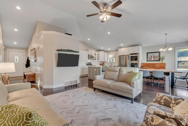 10768 N Fiddlesticks Lot 30, Cedar Hills, UT 84062 - living area with a ceiling fan, healthy amount of natural light, dark wood finished floors, recessed lighting, and high vaulted ceiling