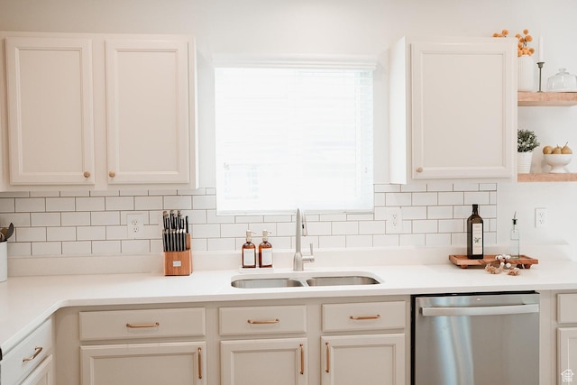 279 S 950 W, Spanish Fork, UT 84660 - kitchen featuring dishwasher, decorative backsplash, open shelves, white cabinetry, and light countertops
