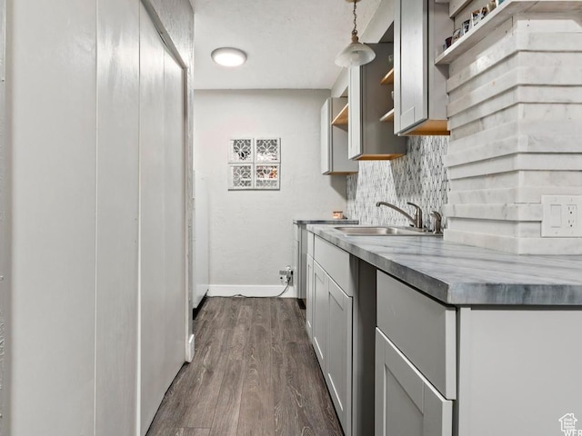 96 S 1000 W, Orem, UT 84058 - kitchen featuring decorative backsplash, open shelves, and dark wood finished floors