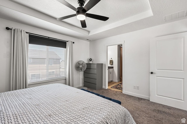 1098 S 4050 W, Syracuse, UT 84075 - bedroom featuring carpet floors, a raised ceiling, a textured ceiling, ensuite bathroom, and ceiling fan