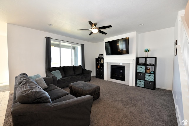 4666 W Olympic Wood Ct, West Jordan, UT 84084 - carpeted living room featuring ceiling fan and a tile fireplace