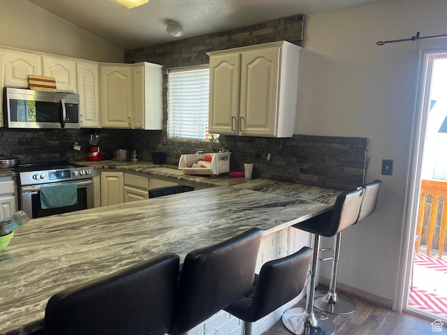4106 W 4875 S, Roy, UT 84067 - kitchen with stainless steel appliances, plenty of natural light, tasteful backsplash, and vaulted ceiling