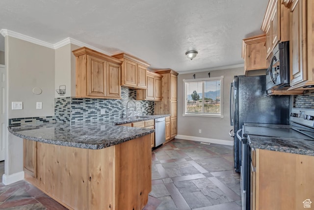 9517 N Shiloh Way E, Eagle Mountain, UT 84005 - kitchen with dishwasher, black microwave, a peninsula, decorative backsplash, and ornamental molding