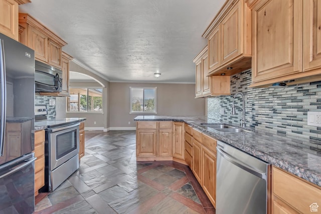 9517 N Shiloh Way E, Eagle Mountain, UT 84005 - kitchen featuring stainless steel appliances, a peninsula, light brown cabinetry, tasteful backsplash, and ornamental molding