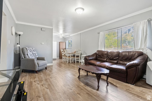 639 E Swenson Ave Unit 4, Springville, UT 84663 - living room featuring ornamental molding, ceiling fan, and light wood finished floors