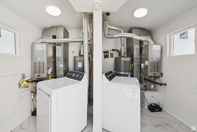 140 W 1200 N, Orem, UT 84057 - laundry area featuring washer and clothes dryer, marble finish flooring, water heater, and heating unit