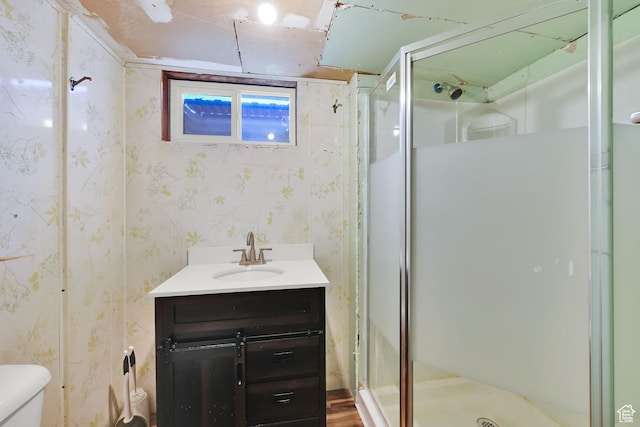 2743 W 7460 S, West Jordan, UT 84084 - bathroom featuring a stall shower, wallpapered walls, and vanity
