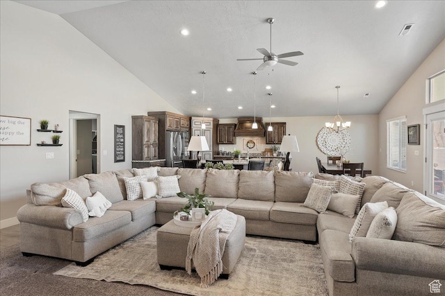 1949 N 2350 W Unit 203, Clinton, UT 84015 - living room featuring high vaulted ceiling, a ceiling fan, a chandelier, and recessed lighting