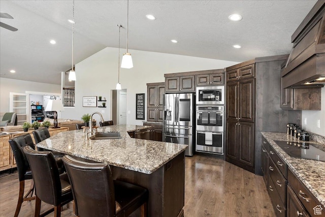 1949 N 2350 W Unit 203, Clinton, UT 84015 - kitchen featuring stainless steel appliances, custom range hood, vaulted ceiling, dark brown cabinetry, and dark wood-style floors