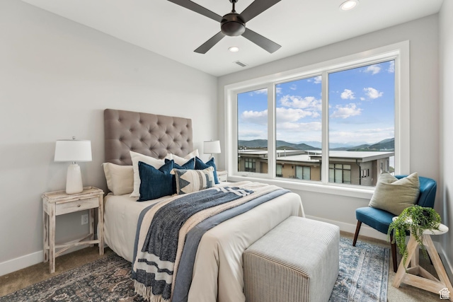 11811 N Apex Way Unit 66, Hideout, UT 84036 - bedroom with carpet, recessed lighting, ceiling fan, a mountain view, and lofted ceiling