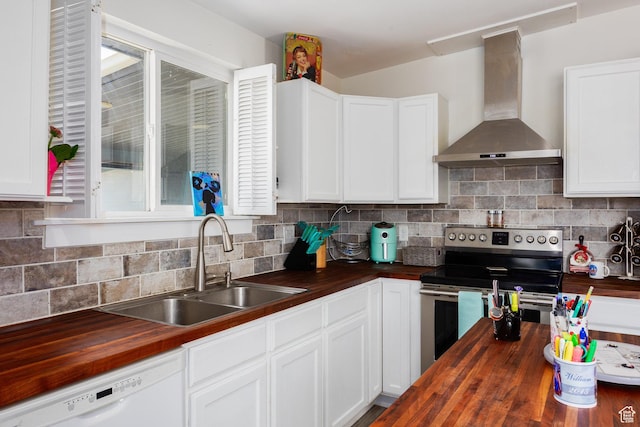10257 S 1280 E, Sandy, UT 84094 - kitchen with butcher block countertops, wall chimney range hood, electric range, white dishwasher, and white cabinetry