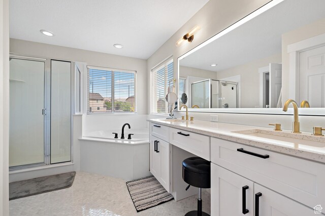 8791 N Suffolk Ln, Eagle Mountain, UT 84005 - bathroom featuring a stall shower, double vanity, a bath, tile patterned floors, and recessed lighting