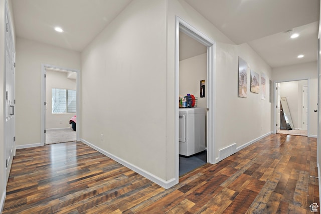 8791 N Suffolk Ln, Eagle Mountain, UT 84005 - hall featuring dark wood-style floors, washer / clothes dryer, and recessed lighting