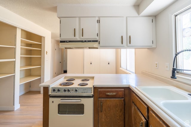 481 W Oak Crest Dr, Monticello, UT 84535 - kitchen featuring white electric stove, under cabinet range hood, light countertops, light wood-type flooring, and white cabinets