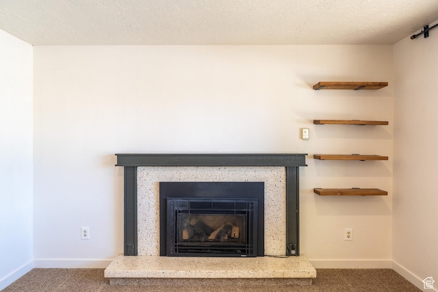 481 W Oak Crest Dr, Monticello, UT 84535 - detailed view of carpet flooring, a fireplace with raised hearth, and a textured ceiling