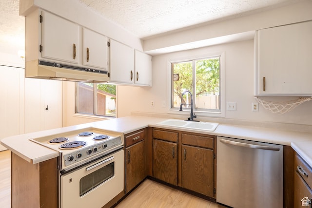 481 W Oak Crest Dr, Monticello, UT 84535 - kitchen with dishwasher, electric range, under cabinet range hood, a peninsula, and light countertops
