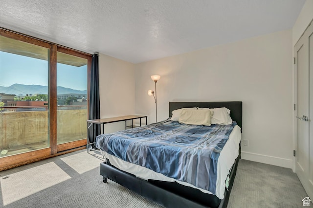 230 E Broadway Unit 401, Salt Lake City, UT 84111 - bedroom with carpet flooring, a mountain view, access to outside, and a textured ceiling