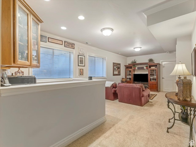 1832 E Cottonwood Glen Ct, Salt Lake City, UT 84117 - living area with crown molding, light carpet, and recessed lighting