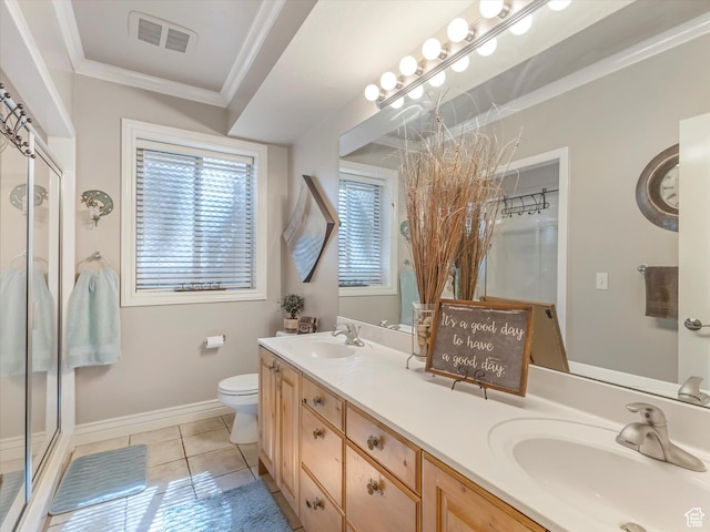 1832 E Cottonwood Glen Ct, Salt Lake City, UT 84117 - bathroom featuring double vanity, crown molding, a stall shower, and tile patterned floors