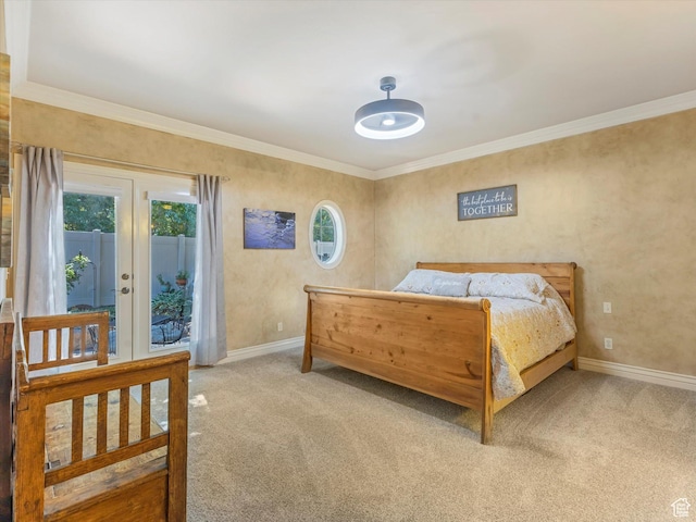 1832 E Cottonwood Glen Ct, Salt Lake City, UT 84117 - bedroom with light carpet, access to outside, french doors, and ornamental molding
