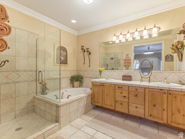 1832 E Cottonwood Glen Ct, Salt Lake City, UT 84117 - full bath featuring tile patterned flooring, a stall shower, double vanity, a garden tub, and crown molding