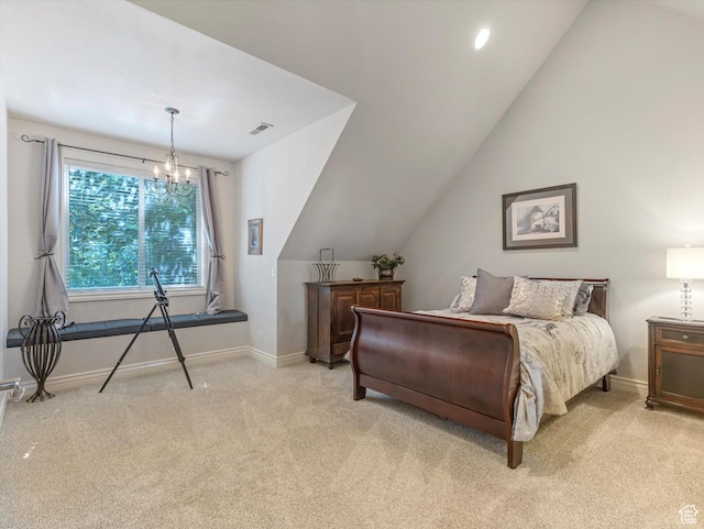 1832 E Cottonwood Glen Ct, Salt Lake City, UT 84117 - bedroom featuring light colored carpet, a chandelier, and vaulted ceiling