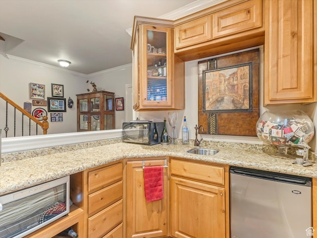 1832 E Cottonwood Glen Ct, Salt Lake City, UT 84117 - kitchen with fridge, black microwave, ornamental molding, glass insert cabinets, and light stone counters
