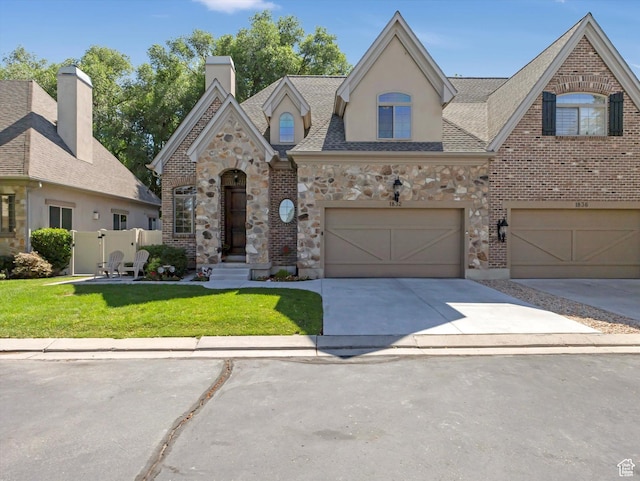 1832 E Cottonwood Glen Ct, Salt Lake City, UT 84117 - french provincial home with stone siding, a front yard, concrete driveway, and an attached garage