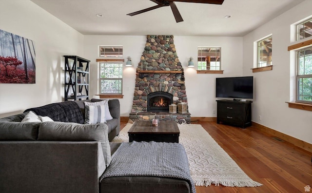 8817 E Mountain Valley Dr S, Huntsville, UT 84317 - living room with wood finished floors, ceiling fan, and a fireplace
