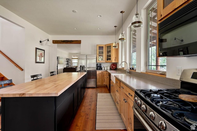 8817 E Mountain Valley Dr S, Huntsville, UT 84317 - kitchen with appliances with stainless steel finishes, butcher block counters, a center island, glass insert cabinets, and hardwood / wood-style floors