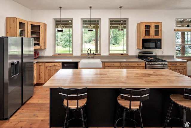 8817 E Mountain Valley Dr S, Huntsville, UT 84317 - kitchen featuring stainless steel appliances, wooden counters, glass insert cabinets, light wood-type flooring, and decorative light fixtures