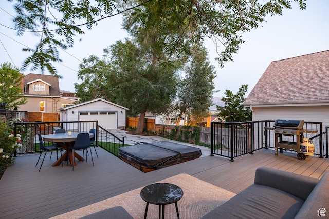 334 N C St, Salt Lake City, UT 84103 - deck featuring a grill, a fenced backyard, a covered hot tub, outdoor dining area, and an outdoor structure