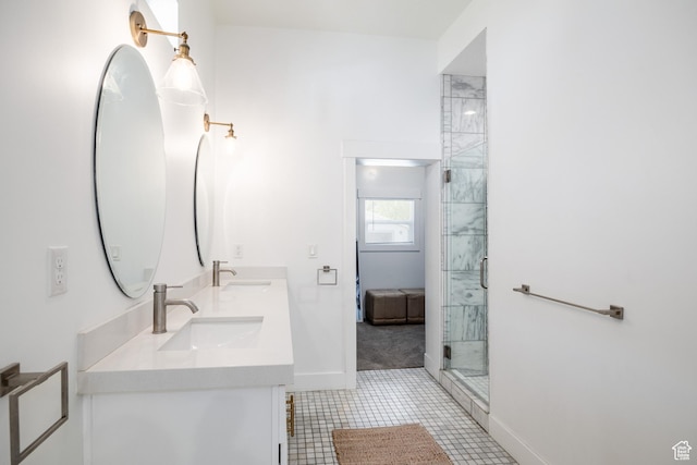 334 N C St, Salt Lake City, UT 84103 - bathroom with double vanity, tile patterned flooring, and a stall shower