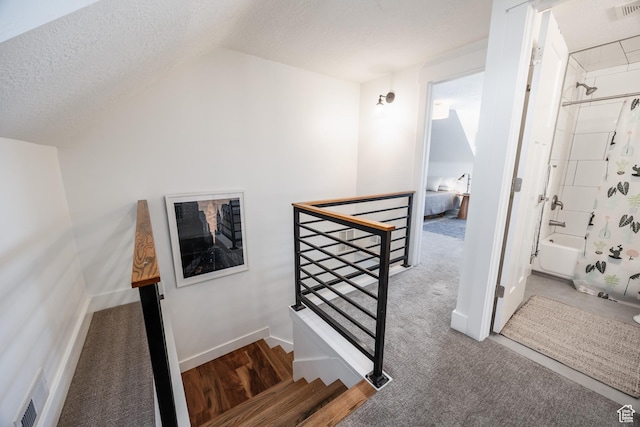 334 N C St, Salt Lake City, UT 84103 - staircase featuring a textured ceiling, vaulted ceiling, and carpet
