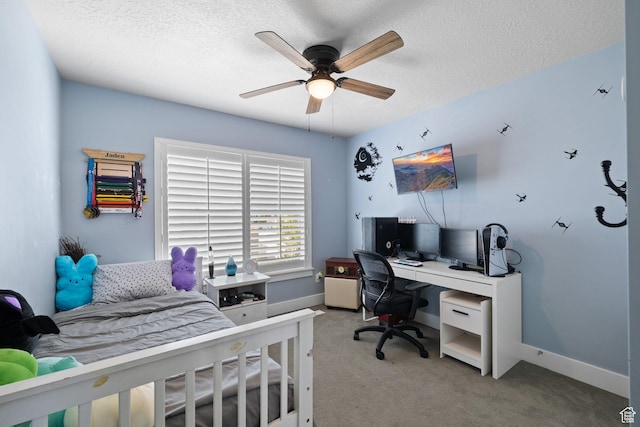 6523 W Bridge Maple Ln S, West Jordan, UT 84081 - carpeted bedroom featuring an office area, a textured ceiling, and ceiling fan