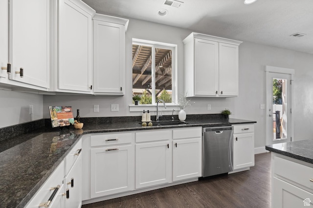 6523 W Bridge Maple Ln S, West Jordan, UT 84081 - kitchen with stainless steel dishwasher, white cabinetry, dark wood-style flooring, plenty of natural light, and recessed lighting