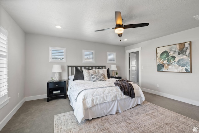 6523 W Bridge Maple Ln S, West Jordan, UT 84081 - bedroom featuring light colored carpet, ceiling fan, recessed lighting, and a textured ceiling