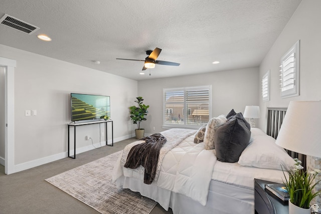 6523 W Bridge Maple Ln S, West Jordan, UT 84081 - bedroom featuring carpet floors, multiple windows, recessed lighting, a textured ceiling, and a ceiling fan