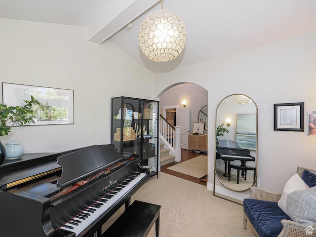 618 E Beaumont Way S, Draper, UT 84020 - living area featuring arched walkways, carpet, and stairway