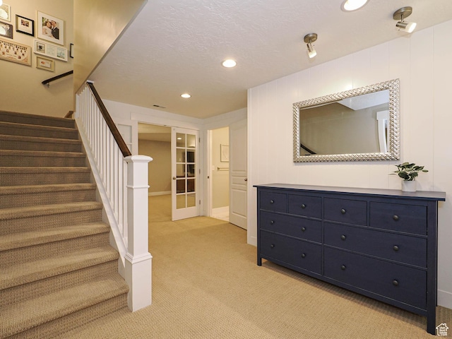 618 E Beaumont Way S, Draper, UT 84020 - staircase featuring carpet flooring, french doors, and recessed lighting