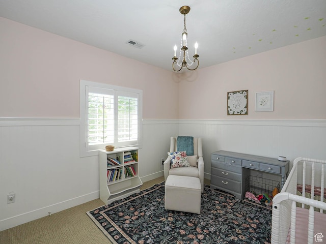 618 E Beaumont Way S, Draper, UT 84020 - bedroom featuring a wainscoted wall, a chandelier, a crib, and carpet